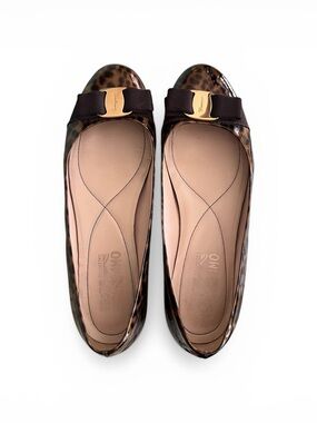 Salvatore Ferragamo Varina Leopard Patent Vara Bow Flats Size 9M